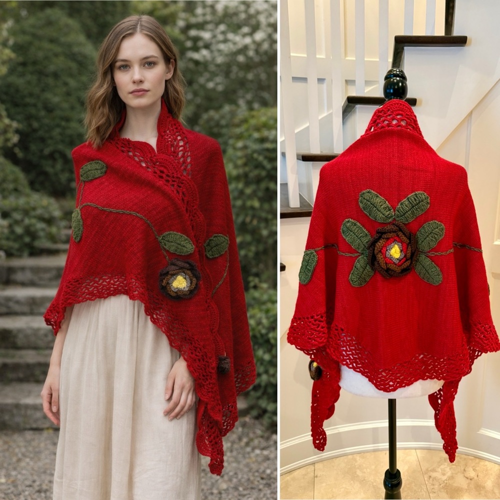 Wrap Shawl with Handmade Floral Applique and Crochet Trim